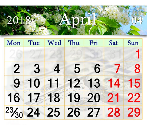 Calendario para abril 2018 con imagen de cerezo pájaro — Foto de Stock