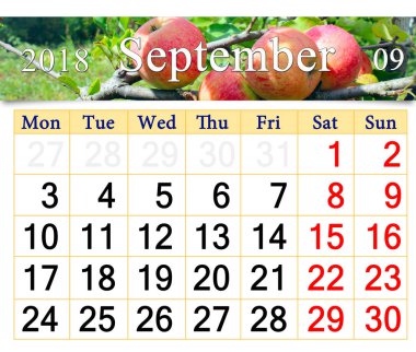 Eylül elma dalı ile 2018 yıl için takvim