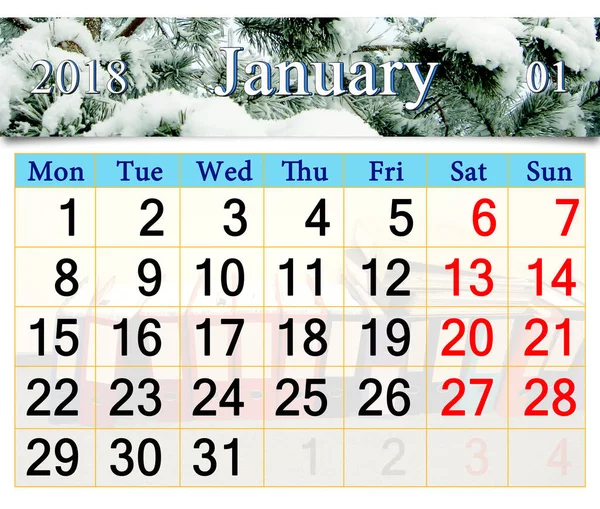 雪に覆われた松の枝と 2018年 1 月のカレンダー — ストック写真