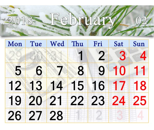 Calendario febbraio 2018 con rami di pino innevati — Foto Stock