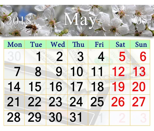 Календарь на май 2018 года с цветущей вишней — стоковое фото