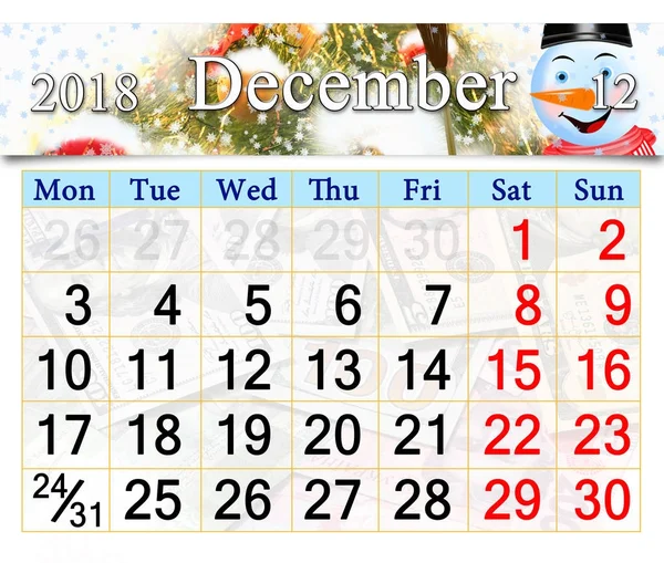 Calendario para diciembre 2018 con foto del fabuloso muñeco de nieve —  Fotos de Stock