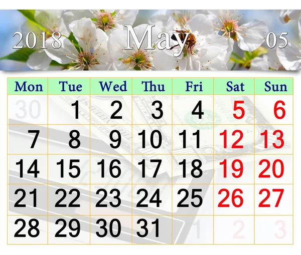 Calendar for May 2018 with blooming cherry tree — Stock Photo, Image
