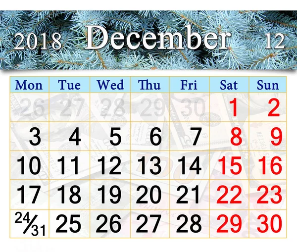 Calendario para diciembre 2018 con foto de abeto — Foto de Stock