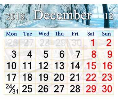 Takvim için Aralık 2018 kış yol ve ağaçları hoar-Frost ile