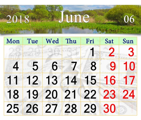 Calendário para junho 2018 no fundo do verão — Fotografia de Stock