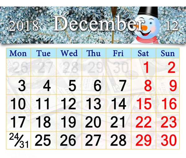 Kalender für Dezember 2018 mit Bild des sagenhaften Schneemanns — Stockfoto