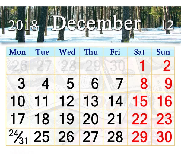 Calendário para dezembro 2018 com imagem da floresta de inverno — Fotografia de Stock