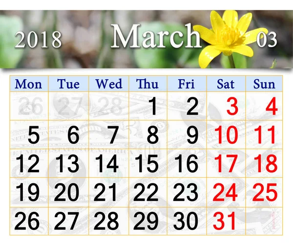 Kalender voor maart 2018 met bloem van Lesser stinkende gouwe — Stockfoto