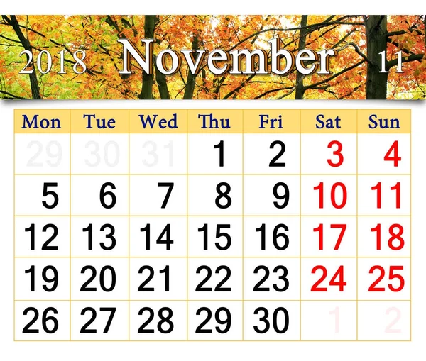 Calendar for November 2018 with yellow leaves — Stock Photo, Image