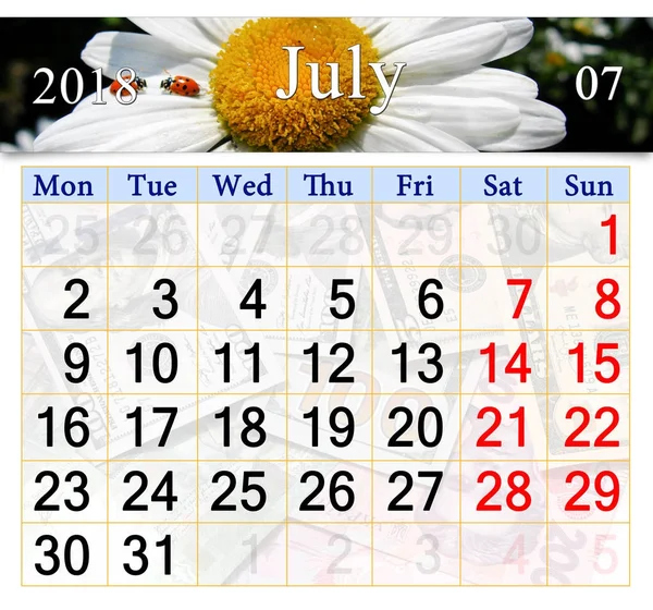 Calendario per luglio 2018 con immagine di camomille e coccinelle — Foto Stock