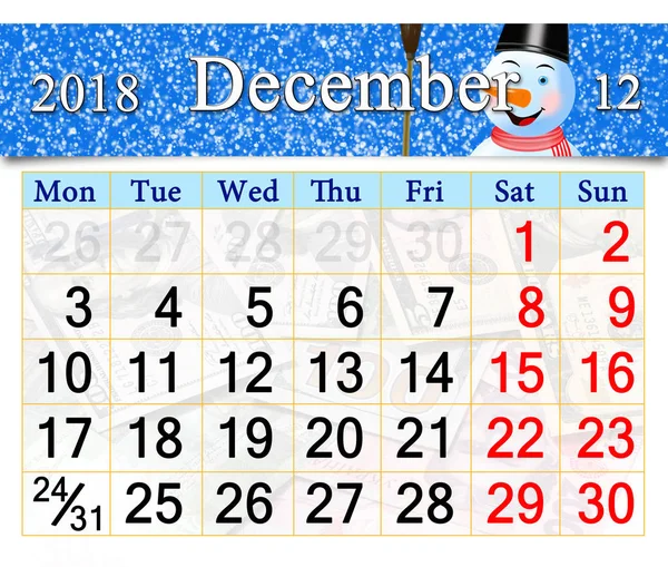素敵な雪だるまの画像と 2018 年 12 月のカレンダー — ストック写真