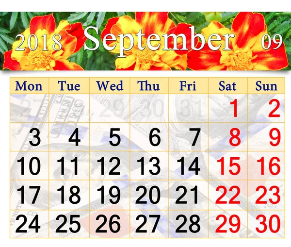 Kalender voor September 2018 met bloemen van Tagetes — Stockfoto