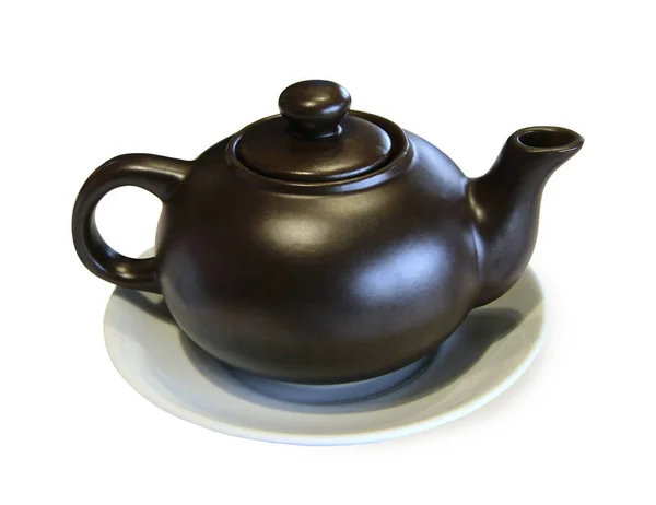 Teekanne mit Tee auf der Untertasse isoliert — Stockfoto