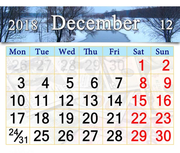 Calendário para dezembro de 2018 com rio e floresta de inverno — Fotografia de Stock
