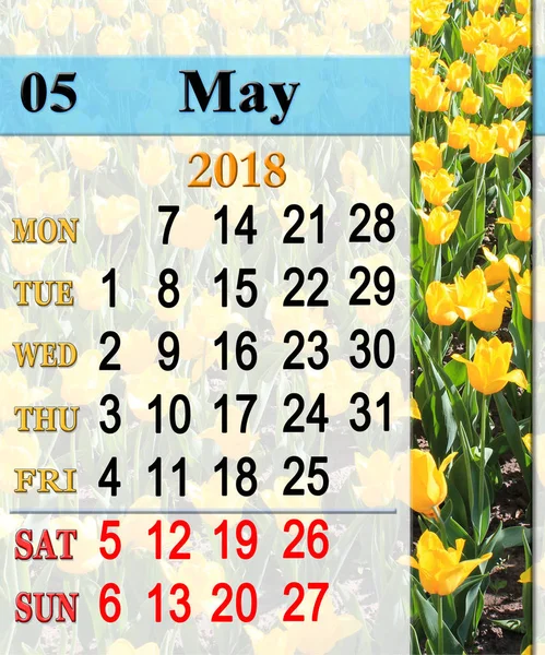 calendar for May 2018 with yellow tulips