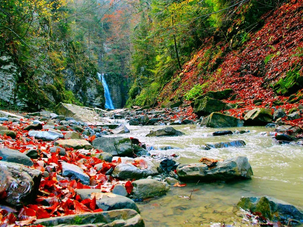 Paysage avec une cascade et une rivière de montagne en automne — Photo
