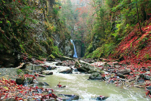 Paisagem com uma cachoeira e um rio de montanha no outono — Fotografia de Stock