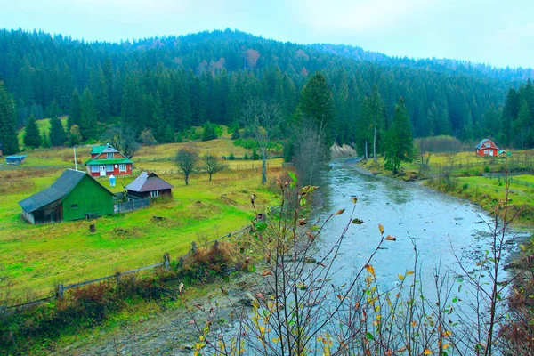 山のウクライナの村を流れる川 — ストック写真