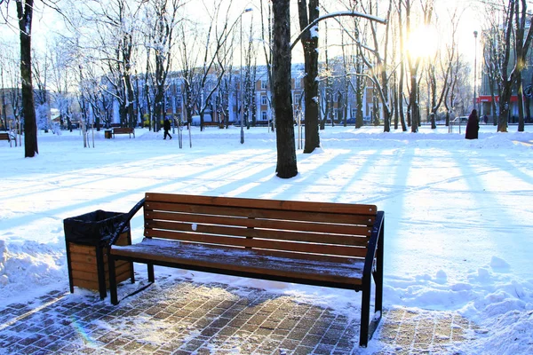 Um banco no parque da cidade de inverno — Fotografia de Stock