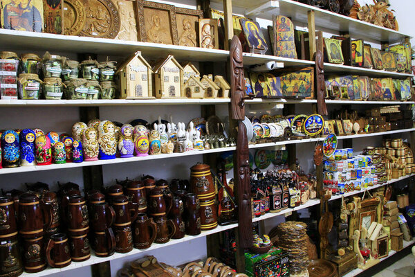 souvenirs on the shelves of shop