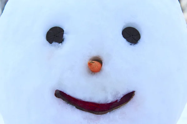 Το πρόσωπο του χιονάνθρωπος κοντά. Το χαμόγελο του χιονάνθρωπου. Χαρακτηριστικό του νέου έτους. Χριστουγεννιάτικη φάτσα χιονάνθρωπος — Φωτογραφία Αρχείου
