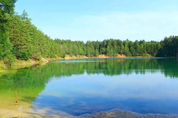 Lago del bosque con agua esmeralda. Hermoso paisaje acuático —  Fotos de Stock