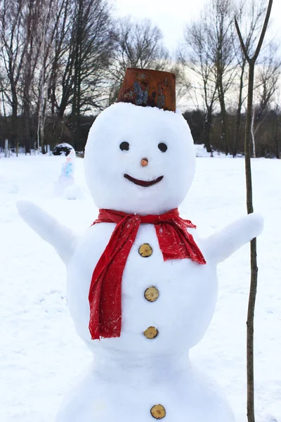 Snögubbe glada. Jul snögubbe gjort i trädgården — Stockfoto