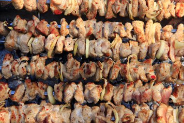 Pişmiş domuz eti. Barbekü yemek. İştah açıcı Şaşlık portre
