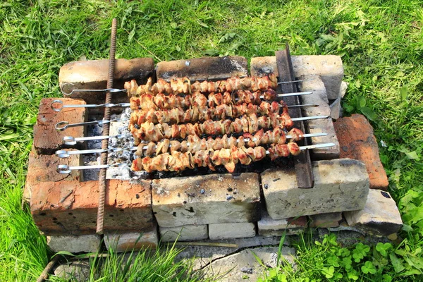 밖에 서 맛 있어 shashlik입니다. 돼지 고기 요리. 바베 큐 점심 — 스톡 사진
