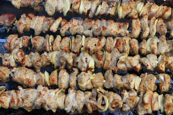 요리 돼지 고기입니다. 바베 큐 점심입니다. 식욕을 돋 우는 shashlik 근접 촬영 — 스톡 사진