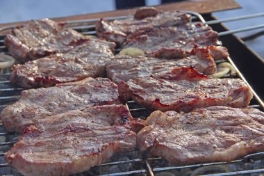 Soğanlı et parçalarını Barbekü üzerinde pişirilir. Piknik sırasında et pişirme