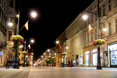 Polonya 'nın ana turistik caddesi Lodz Piotrkowska geceleyin