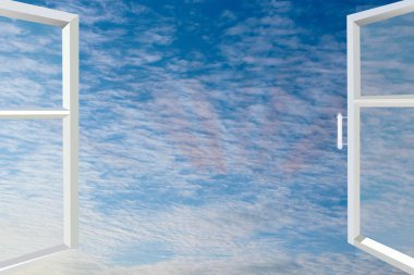 beyaz bulutlu mavi gökyüzüne bakan açık pencere