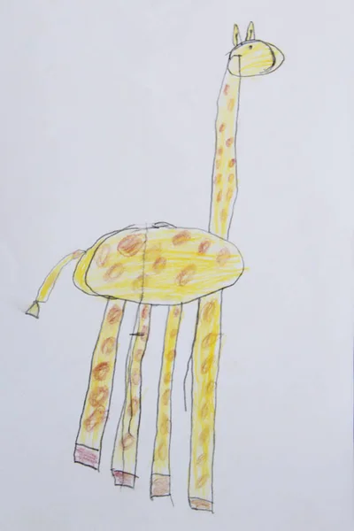 Children\'s drawing with giraffe on white background. Funny drawing