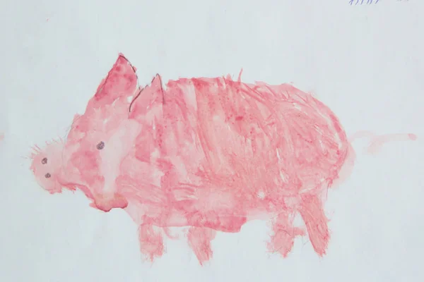 Child's drawing of pink pig made by water color. — Stock Photo, Image