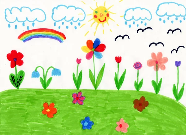 家の花や色虹の子供っぽい絵 明るい夏 花虹と蝶でクリアリングの子供の絵 子供向けアート ソフトチップペンで描く作品 — ストック写真