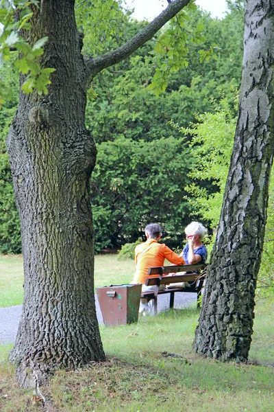 Lodz Poland July 2019 Two Elderly Women Talking While Sitting — Stock Photo, Image