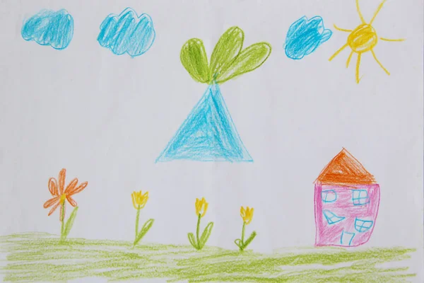 Childish drawing of house clouds and flower bed. joy summer children drawing with tulips house and lawn. Bright colors of summer. Childish art. Artwork drawn by pencils