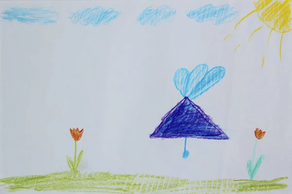 Childish drawing of sun clouds and flower bed. joy summer children drawing with tulips and lawn. Bright colors of summer. Childish art. Artwork drawn by pencils