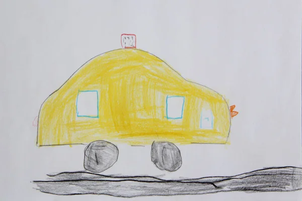 Kinder Zeichnen Mit Gelbem Auto Auf Weißem Hintergrund Kunstwerk Mit — Stockfoto