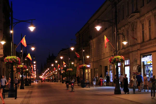 Lodz Pologne Juillet 2019 Rue Centrale Lodz Piotrkowska Dans Soirée — Photo