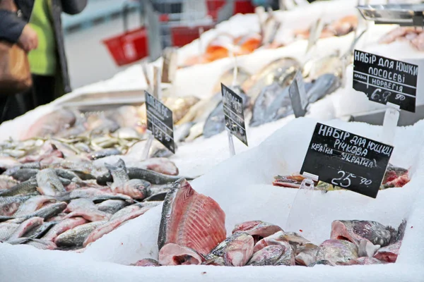 Verse Diepgevroren Vis Ijs Wordt Winkel Verkocht Verse Zalm Crucian — Stockfoto