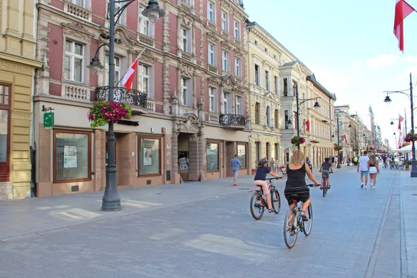 Lodz Poland July 2019 Central Street Lodz Decorated Polish Flags — Stock Photo, Image