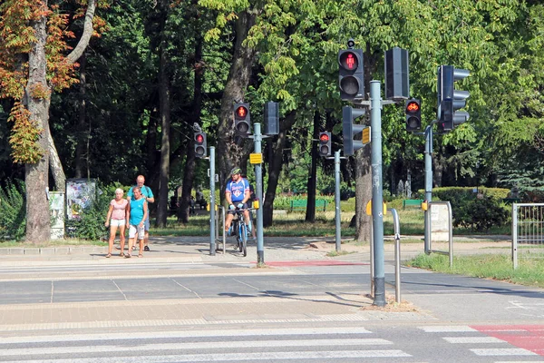 Lodz Poland July 2019 Cyclist Pedestrians Wait Green Traffic Light — Stock Photo, Image