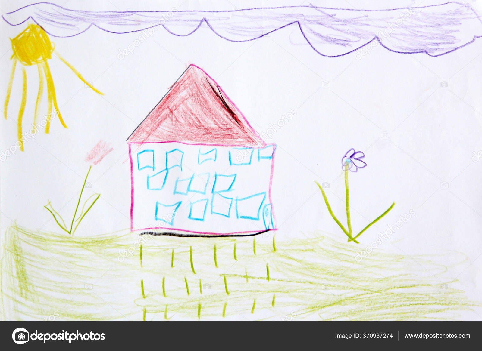 Children's Drawing Rural House Lawn Sun Clouds Drawn Pencils ...