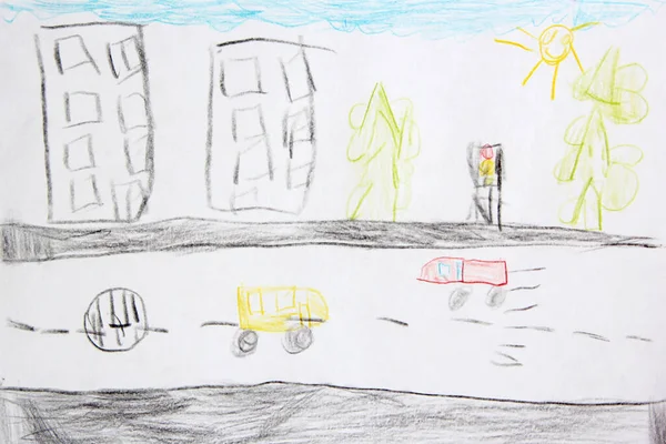 drawing of multi-storey building and cars drawn by pencils. Pencil drawing of city life. Artwork drawn by pencils. Life in city drawn by child. roadway with cars and houses in children\'s drawing