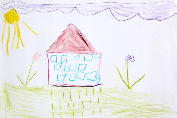 Children Drawing Rural House Lawn Sun Clouds Drawn Pencils Pencil — Stock Photo, Image