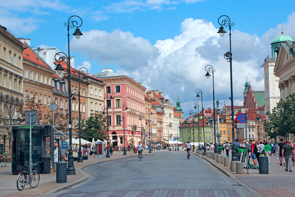 Warsaw / Poland. 27 July 2019: Modern architecture in Warsaw, Poland. Busy traffic in capital of Poland Warsaw city. Beautiful architecture and street in Polish capital Warsaw. People enjoy journey