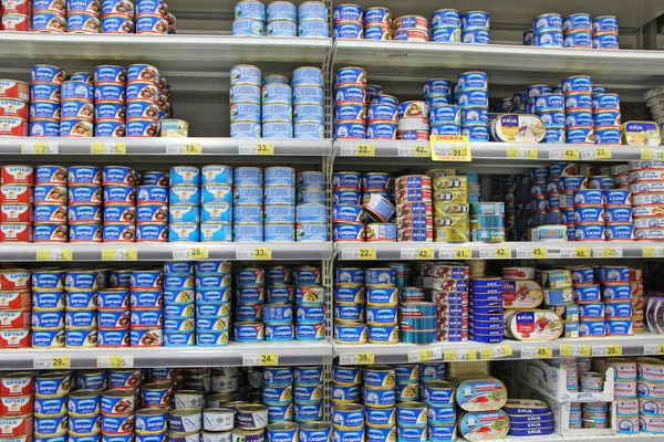 Kyiv Ukraine March 2019 Canned Fish Shelves Supermarket Store Canned — Stock Photo, Image